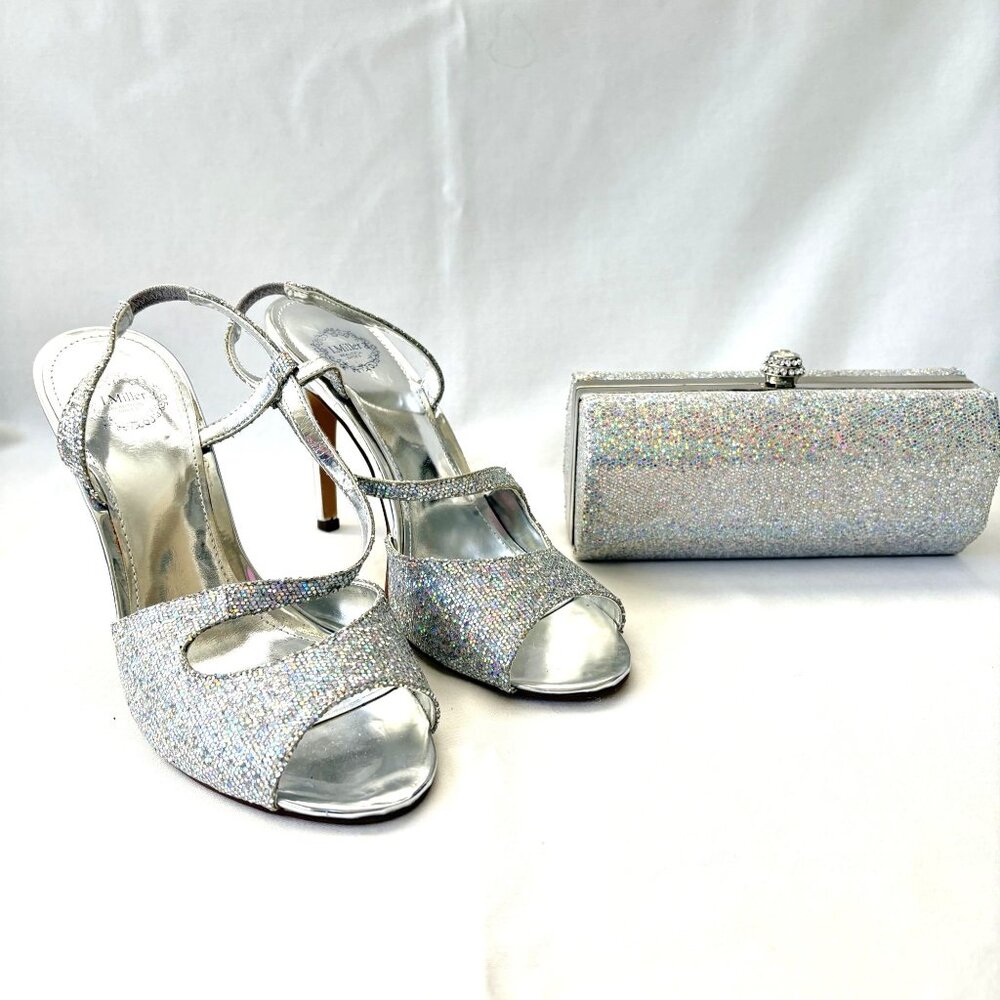 I Miller Silver Glitter Heeled Sandals 7.5 M w/ J Furmani Matching Clutch Purse